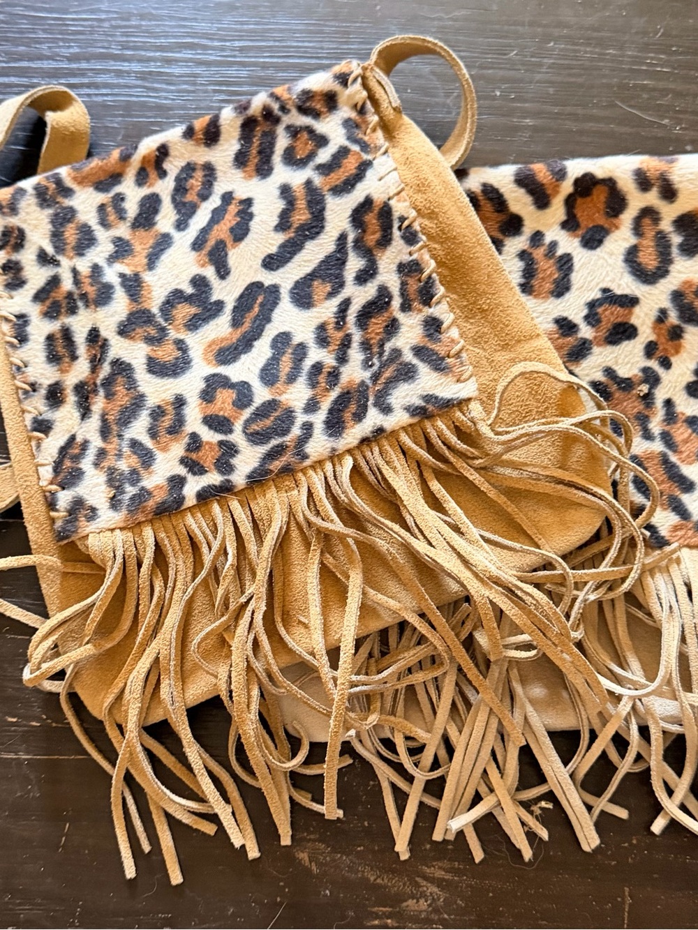 Beige or Camel Color Leather Crossbody Bag with Cheetah Print Fringe